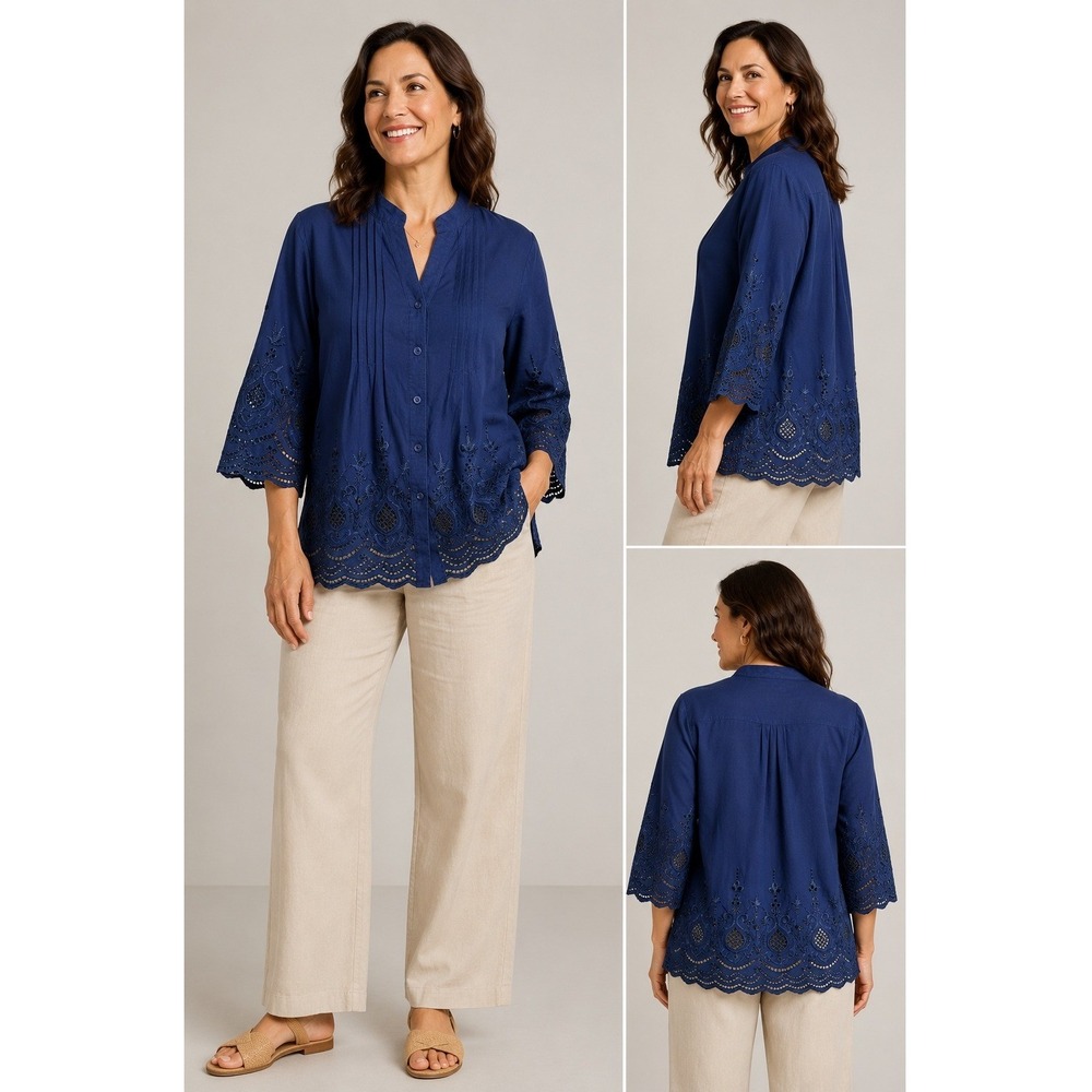 Lauren Michelle Petite Blouse Women Medium Blue Eyelet Pintuck Cotton Preppy